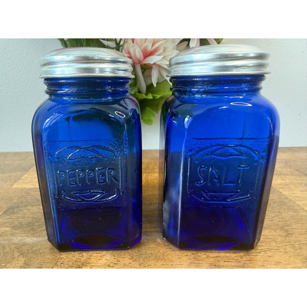 Vintage Cobalt Blue Glass Salt and Pepper Shakers Aluminum Lids‎ MCM Kitchen
